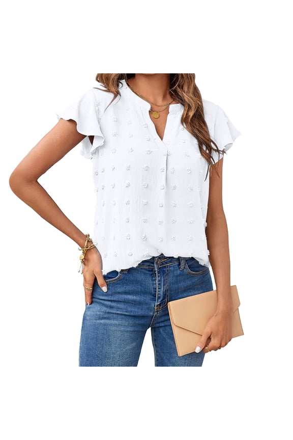 Womens Tops Short Sleeve V Neck Summer Blouse Solid Fashion White Flounce Women's Clothing