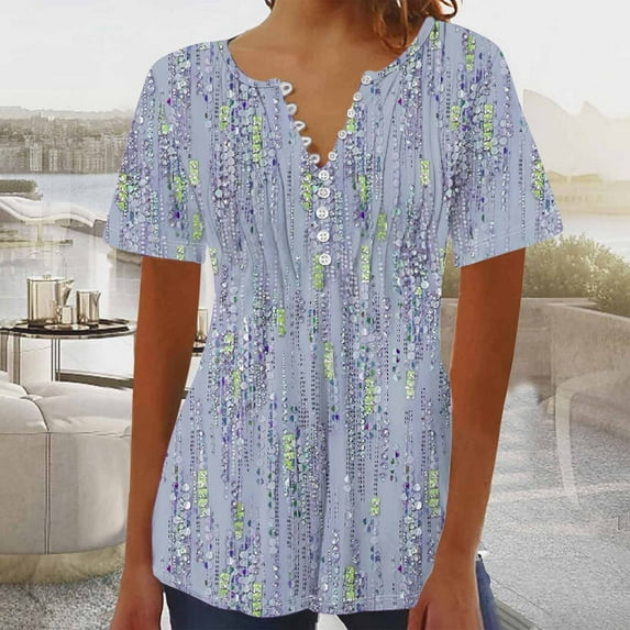 ALLLIST Womens Tops Summer Blue Graphic Short Sleeve Button Embellished V-Neck T-Shirts Spring Blouses M