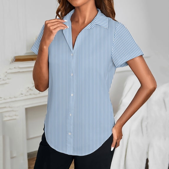 ALLLIST Womens Tops Summer Collared Short Sleeve Button up Shirts Blue Casual Striped Blouse Clothing for Women