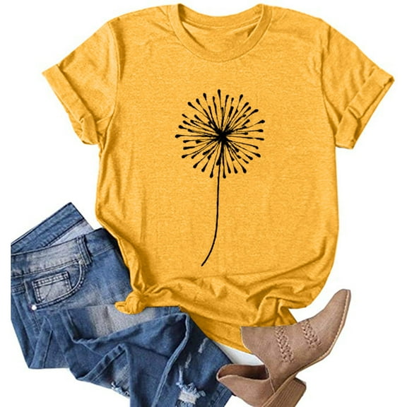 ALLLIST Womens Tops Summer Crew Neck Yellow T-Shirts Floral Trendy Short Sleeve Shirts Ladies Tops