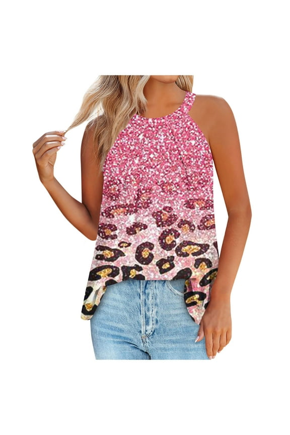 Womens Tops Summer Pink Pleated Leopard Print Sleeveless Crew Neck Backless Tank Tops Womens Tank Tops M