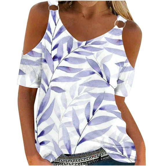 ALLLIST Womens Tops Summer Purple Short Sleeve Graphic V-Neck Cold Shoulder Hollow T-Shirts Womens Shirts Under $10 XXXL