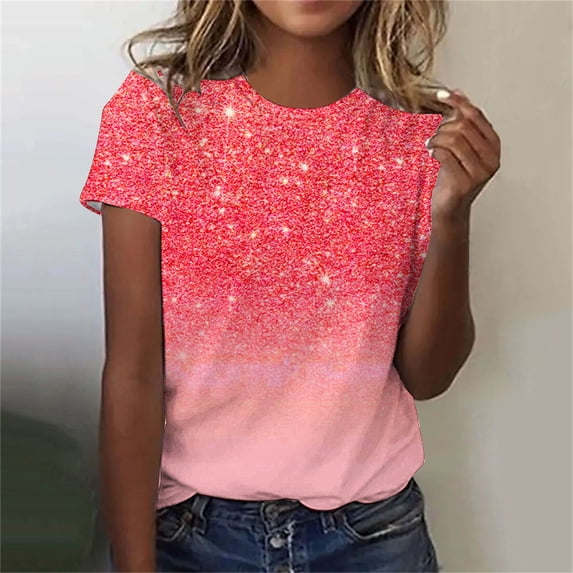 ALLLIST Womens Tops Summer Short Sleeve Crew Neck T Shirts Classic Fit Gradient Red Blouse for Ladies
