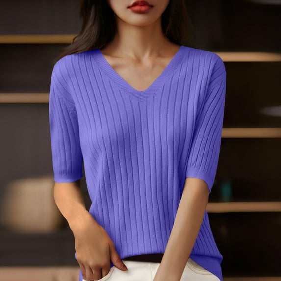 ALLLIST Womens Tops V Neck Elbow-Length Ribbed T-Shirts Purple Plain Casual Shirts Tops for Ladies