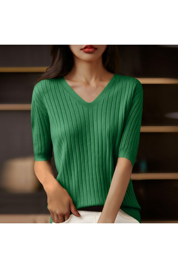 Womens Tops V Neck Elbow-Length Ribbed T-Shirts Trendy Plain Green Shirts Ladie's Tops
