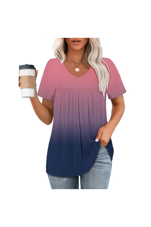 Womens Tops V Neck Gradient Short Sleeve Blouse Pink Pleated New Pullover for Women