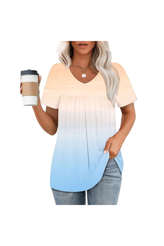 Womens Tops V Neck Pleated Short Sleeve Blouse Gradient Yellow Casual Tunic Clothing for Women