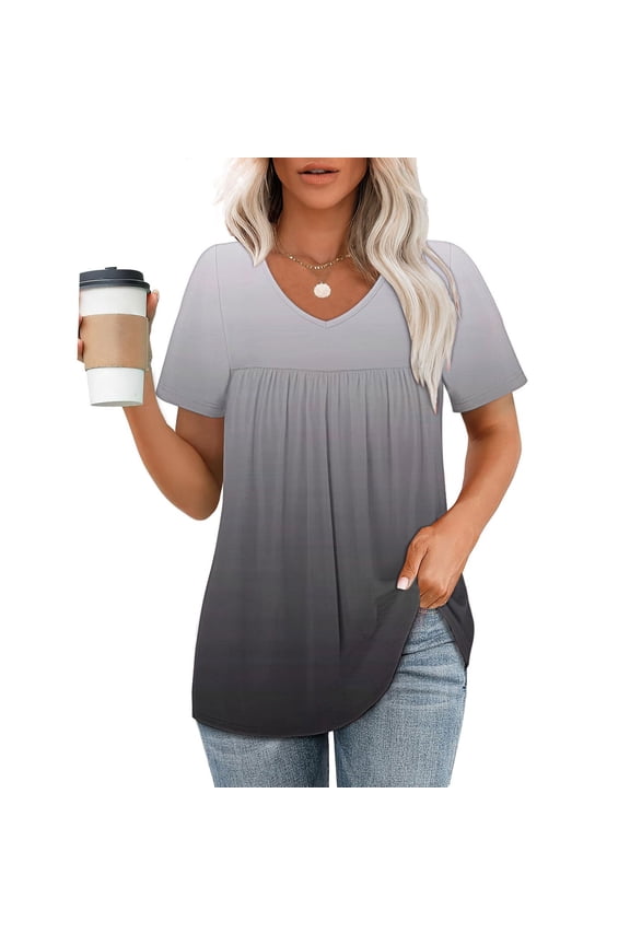 Womens Tops V Neck Short Sleeve Gradient Shirts Trendy Pleated Black Pullover Ladies Tops