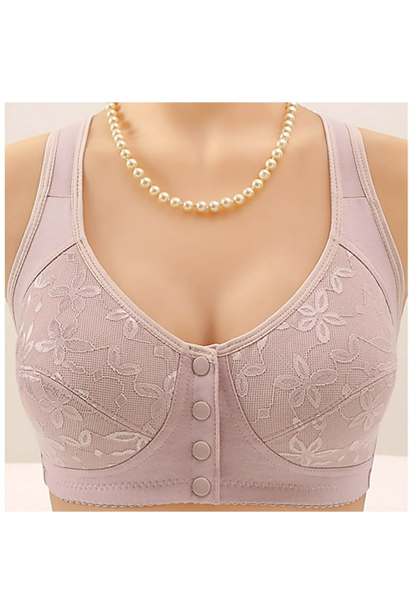 Womens Underwear Front Closure Full Coverage Wireless Bras Comfort Embroidered Gray Full-Figure Womens Lingerie Size 46