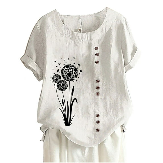 ALLLIST Womens Workout Tops Short Sleeve White Crew Neck Floral Blouses Button Cotton and Linen Women's Blouse