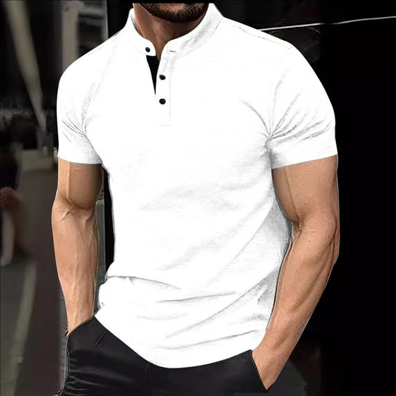 ALLLIST Workout Tops Short Sleeve White Crew Neck Solid T-Shirts Pullover Button Fitness Golf Shirts for Men