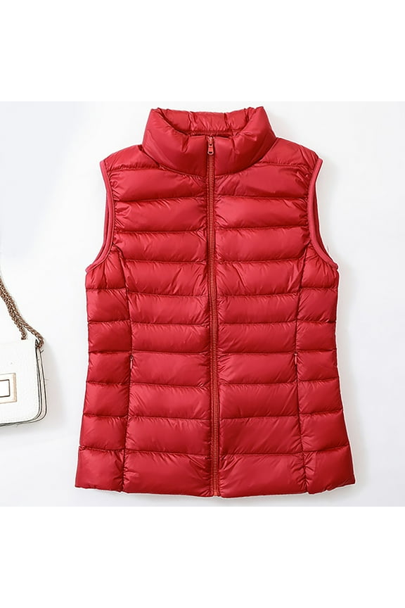 Zip up Women's Jackets Vests Red Casual Solid Quilted Jackets for Ladie