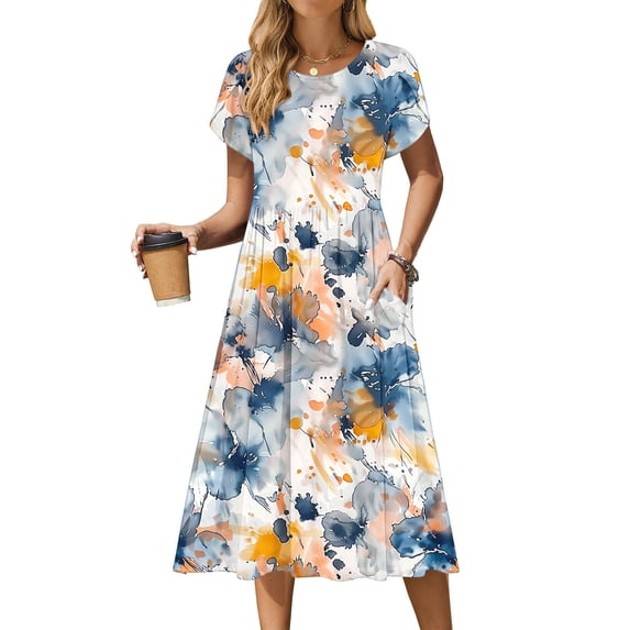 ALLLIST with Pockets Dresses for Ladies Pleated Short Sleeve A Line Summer Floral Midi Womens Clothing