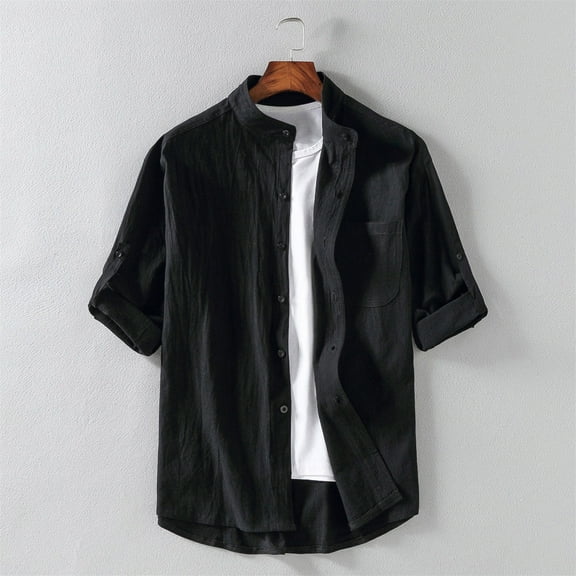 ALLLIST with Pockets Men Shirts Big And Tall Short Sleeve Collared Button Down Shirts Plain Black Casual Mens Clothing
