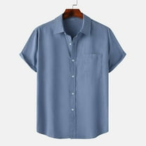 ALLLIST with Pockets Men's Shirts Cotton Short Sleeve Button Down Shirts Blue Solid Casual Clothes for Men