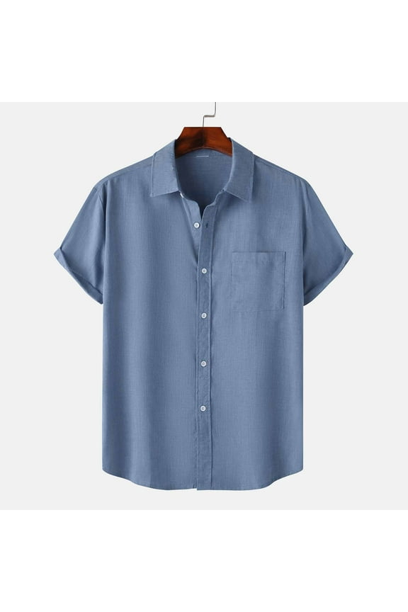 with Pockets Men's Shirts Cotton Short Sleeve Button Down Shirts Blue Solid Casual Clothes for Men