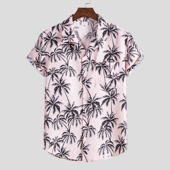ALLLIST with Pockets Shirts for Men Collared Short Sleeve Button Down Shirts Hawaiian Casual Pink Clothing for Men