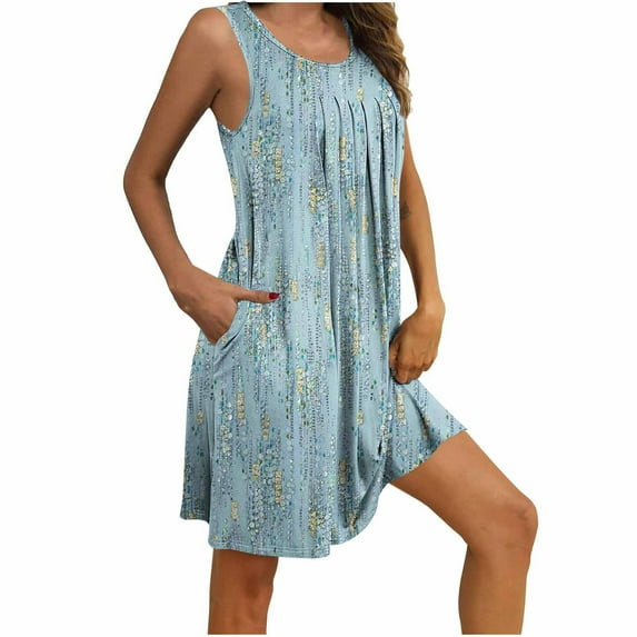 ALLLIST with Pockets Women's Nightgown Sleeveless Sleep Dresses Floral Pleated Blue Night Clothes Women's Loungewear