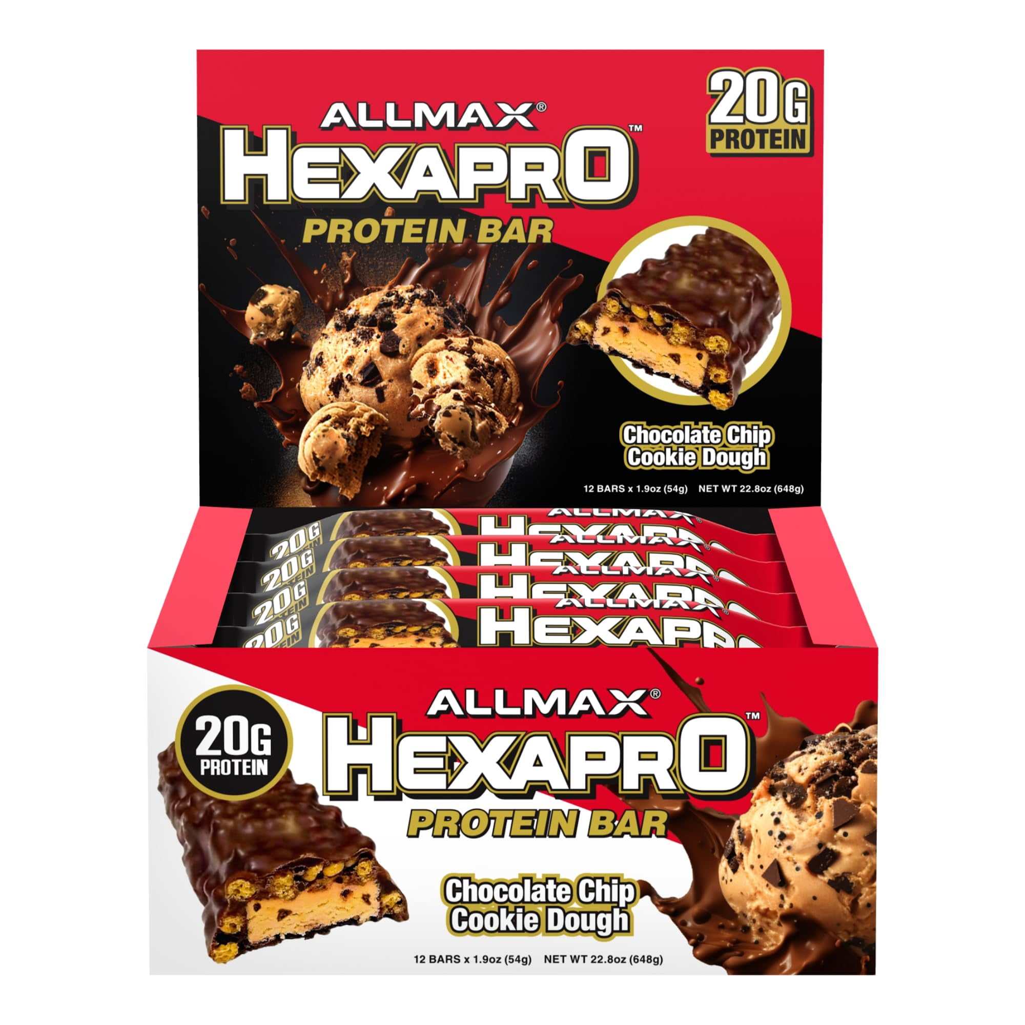ALLMAX HEXAPRO PROTEIN BAR, Chocolate HYZ01 Chip Cookie Dough Pack of