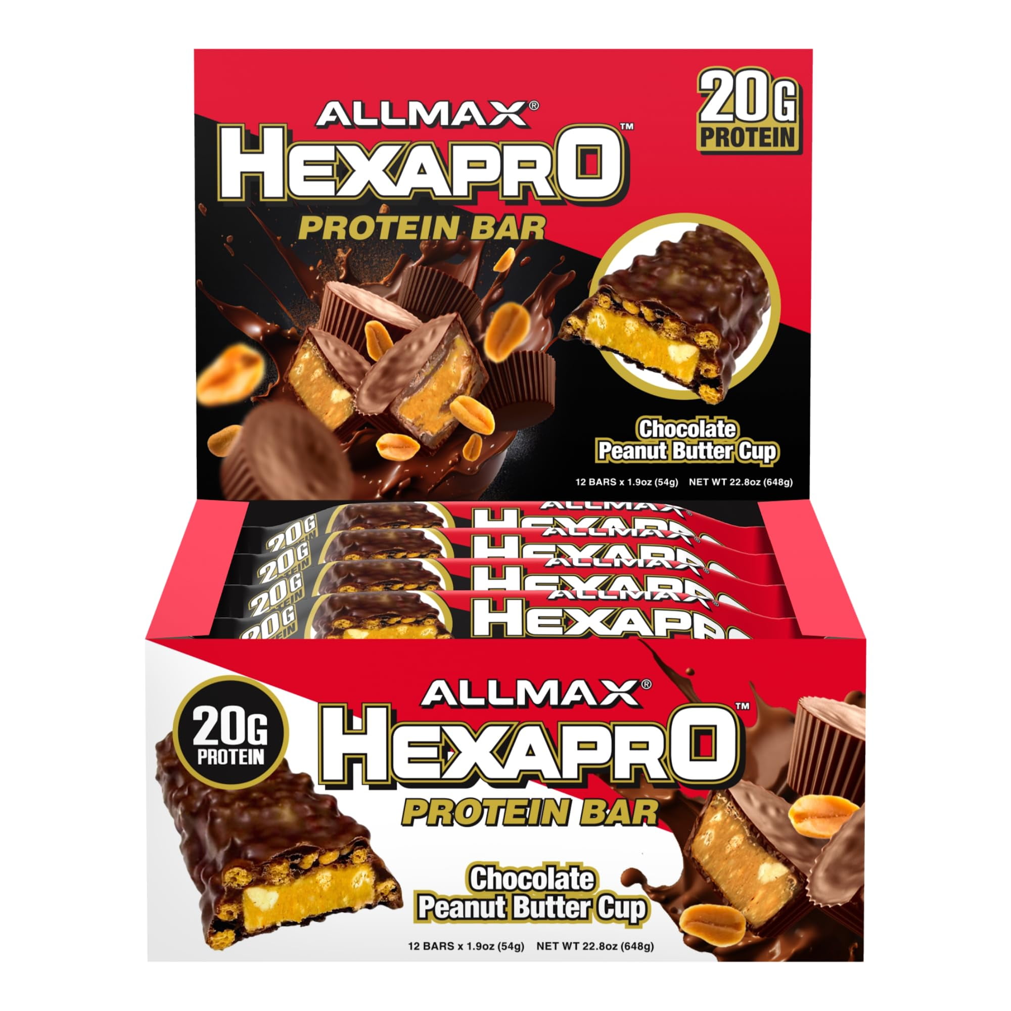 ALLMAX HEXAPRO PROTEIN BAR, STF9 Chocolate Peanut Butter Cup Pack of 12 HighProtein Energy