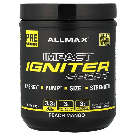 ALLMAX IMPACT Igniter Sport , Pre-Workout, Peach Mango, 11.29 oz (320 g)