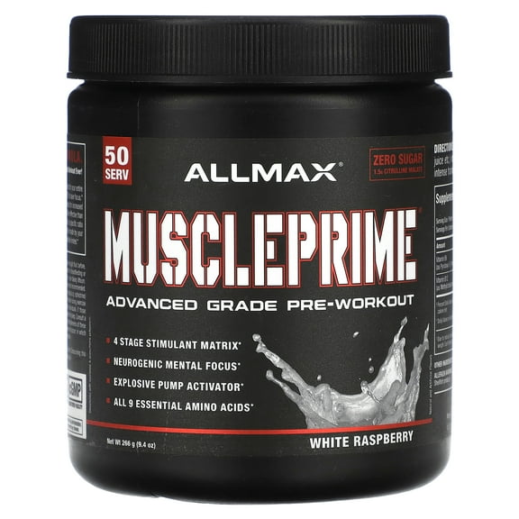 ALLMAX MUSCLEPRIME, White Raspberry - 266 g - Advanced Grade Pre-Workout - Boosts Energy & Focus with 9 Essential Amino Acids - Zero Sugar - 50 Servings
