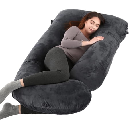 ALLOPERA Pregnancy Pillow, Full Body 57 inch Maternity Pillow with Removable Washable Cover - Sleep Support for Legs, Back, Neck, Shoulder, Hips, Belly for Pregnent Women, Black Grey Velvet Cover