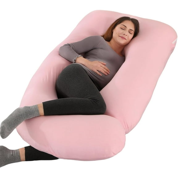 ALLOPERA Pregnancy Pillow, Full Body 57 inch Pillow, with Removable Washable Cover - Sleep Support for Legs, Back, Neck, Shoulder, Hips, Belly for Pregnent Women, Jersey Knit Cotton (Pink)