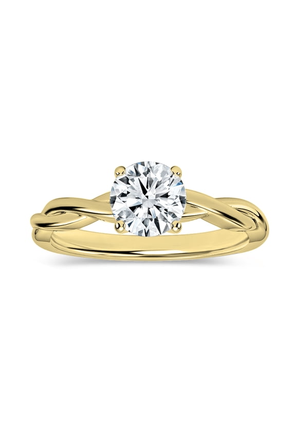 IGI Certified 0.75 Carat Round Lab Grown White Diamond Solitaire Intertwined Strands Engagement Ring for Women in 10K Solid Yellow Gold, Size 7