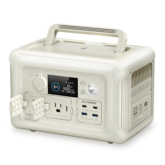ALLPOWERS R600 portable power station, 600W 299Wh LiFePO4 battery, 1-hour fast charge, 15ms UPS backup, solar generator, Beige, 11.22in x 7.68in x 7.48in