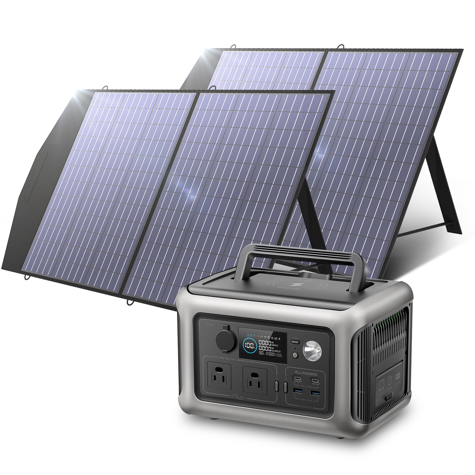 ALLPOWERS R600 Portable Solar Generator Kit, 2 Pack 100W (Total 200W) Foldable Solar Panel with 600 Watt 299Wh LiFePO4 Power Station, for Camping, Home Backup, Power Outage [Shipping Separately]