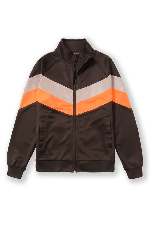 x Victorious Men's Neon Chevron Color Block Full Zip Athletic Track Jacket, Black/Neon Orange, Small