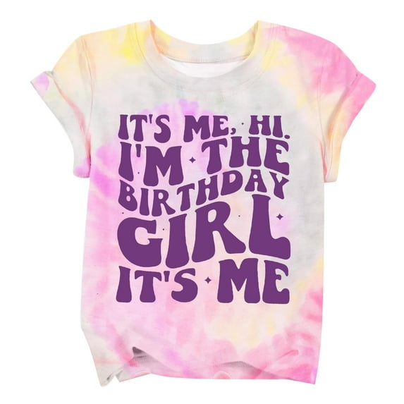 ALLTB Cute Birthday Girl Outfit for Kids Its Me Hi I'm the Birthday Girl Short Sleeve Shirt Letter Printed Princess Happy Party T-Shirt, Purple