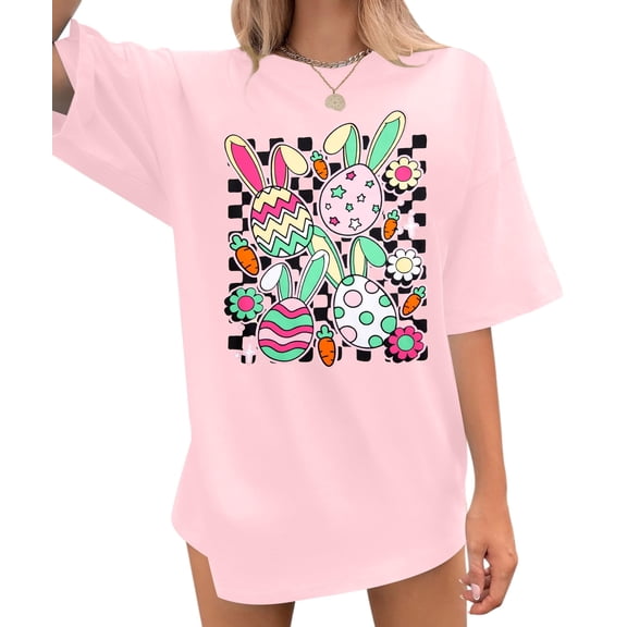 ALLTB Easter Bunny Shirt Women Oversized Happy Easter Day Tee Cute Bunny Eggs Tshirt Casual Short Sleeve Tops