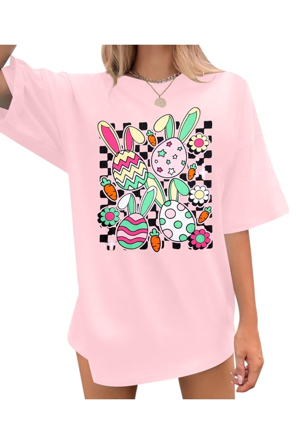 Easter Bunny Shirt Women Oversized Happy Easter Day Tee Cute Bunny Eggs Tshirt Casual Short Sleeve Tops