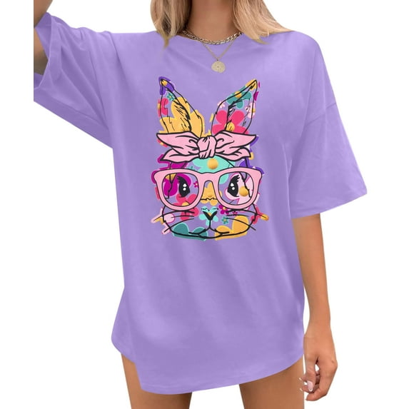 ALLTB Easter Bunny Shirt Women Oversized Happy Easter Day Tee Cute Bunny Rabbit Tshirt Floral Flower Casual Short Sleeve Tops