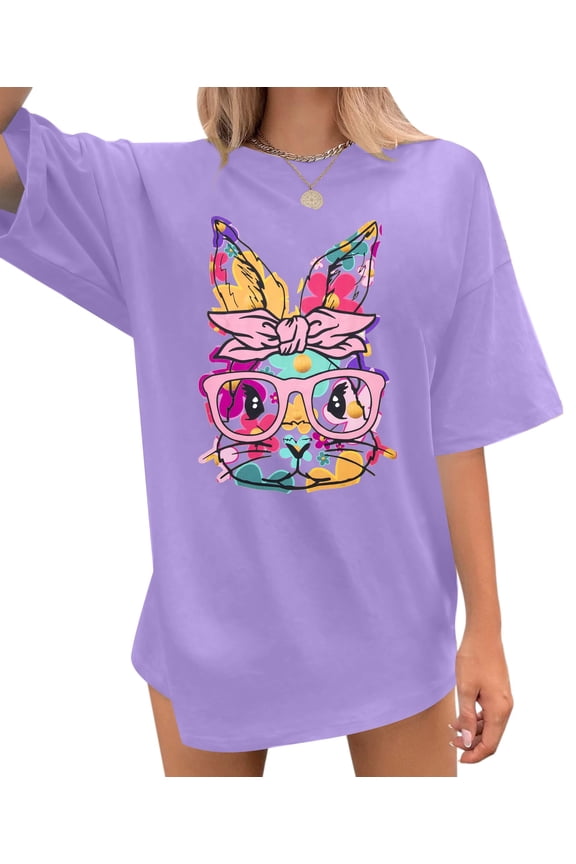 Easter Bunny Shirt Women Oversized Happy Easter Day Tee Cute Bunny Rabbit Tshirt Floral Flower Casual Short Sleeve Tops