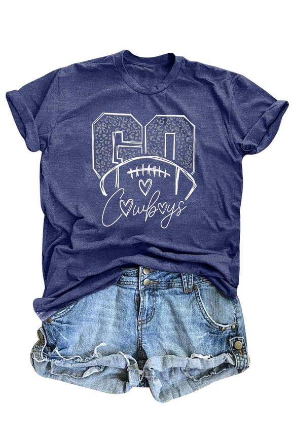 Football Shirts for Women Vintage Go Cowboy Graphic Sunday Funday T-Shirt Casual Game Day Short Sleeve Tee Tops