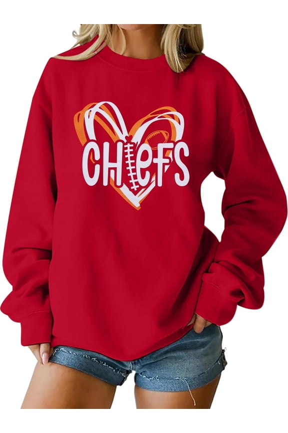 Football Sweatshirt Women Game Day Sweatshirts Football Team Fans Pullover Shirt Heart Graphic Long Sleeve Tops, Red