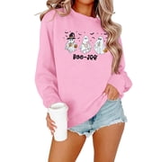ALLTB Halloween Ghost Casual Sweatshirt Women Funny Spooky Long Sleeve Crewneck Shirts Halloween Fall Pullover Top