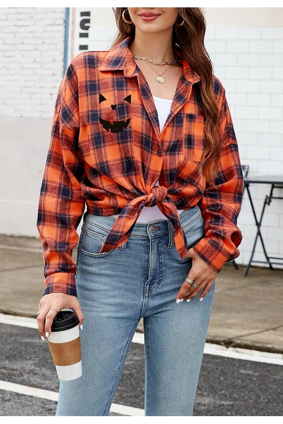 Halloween Shirt for Women Pumpkin Face T-shirt Funny Button Down Flannel Plaid Long Sleeve Tops Fall Clothes