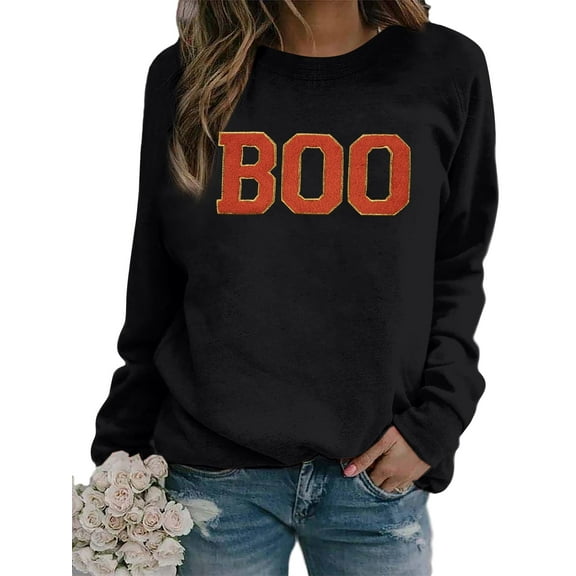 ALLTB Halloween Sweatshirt Women Embroidered Sweater Cute Spooky Sweatshirt Fall Winter Crewneck Long Sleeve Drop Shoulder Pullover