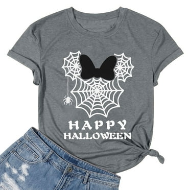 ALLTB Happy Halloween Shirt Women Cute Magical Halloween T-Shirt Funny Spider Web Graphic Tees Spooky Season Short Sleeve Tops