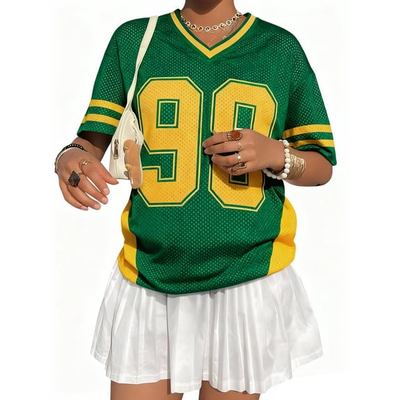 ALLTB Jersey Shirts for Women Y2k Graphic Number Shirt Oversized V Neck Shirts Casual Streetwear Tops