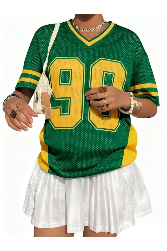 Jersey Shirts for Women Y2k Graphic Number Shirt Oversized V Neck Shirts Casual Streetwear Tops