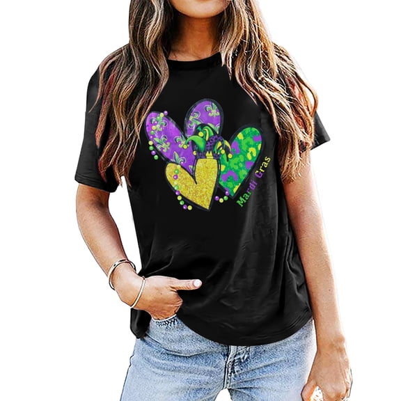 ALLTB Mardi Gras Tshirt for Women Graphic Crewneck Casual Pullover Tops Fat Tuesday Short Sleeve Tees