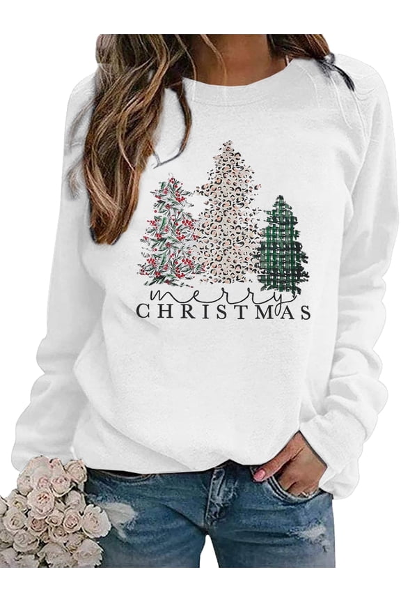 Merry Christmas Sweatshirt for Women Long Sleeve Tree Pullover Graphic Lightweight Xmas Top