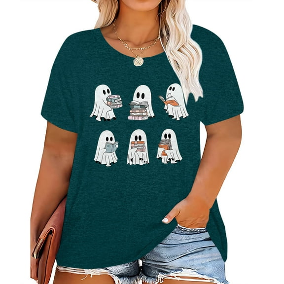 ALLTB Plus Size Halloween Shirt Cute Ghosts & Bookish Casual Tee Funny Family Party Celebration Tops Halloween Gifts for Women, Green