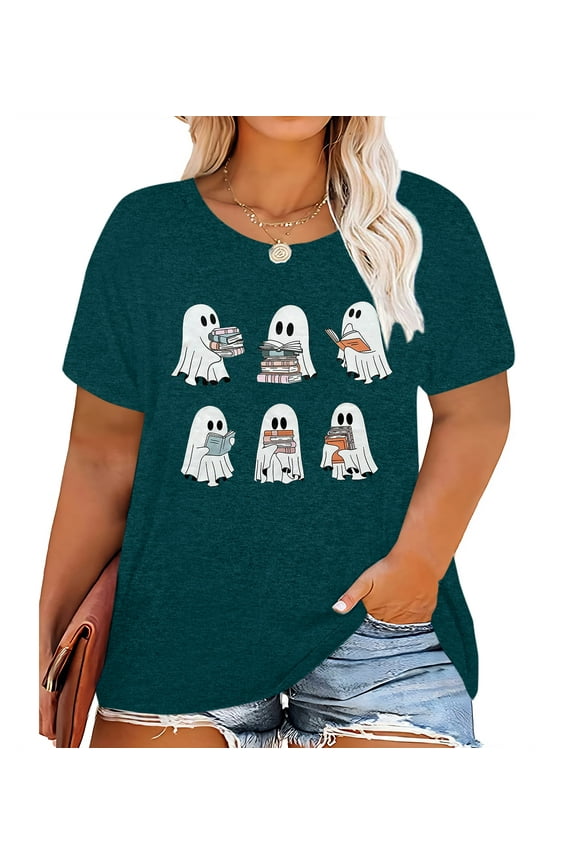 Plus Size Halloween Shirt Cute Ghosts & Bookish Casual Tee Funny Family Party Celebration Tops Halloween Gifts for Women, Green