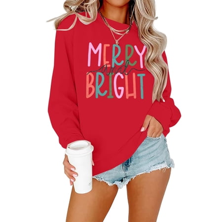 ALLTB Oversized Christmas Pullovers Women Merry Bright Colorful Letter Printed Sweatshirt Cute Christmas Long Sleeve Sweatshirt price history and forecast - ALLTB